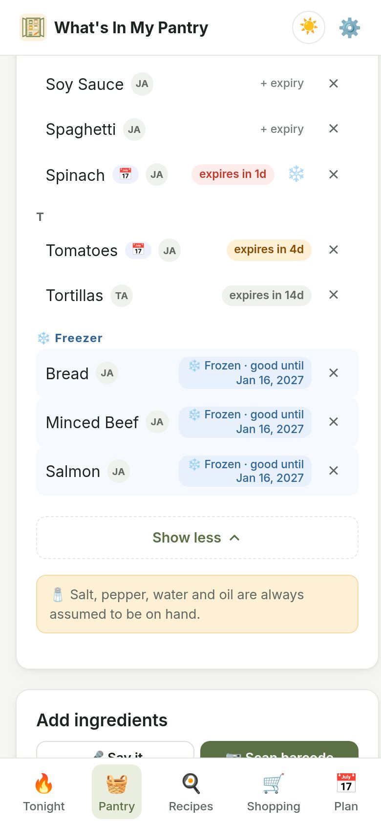 The pantry list with a Freezer group showing bread, minced beef and salmon, each marked frozen with a good-until date.