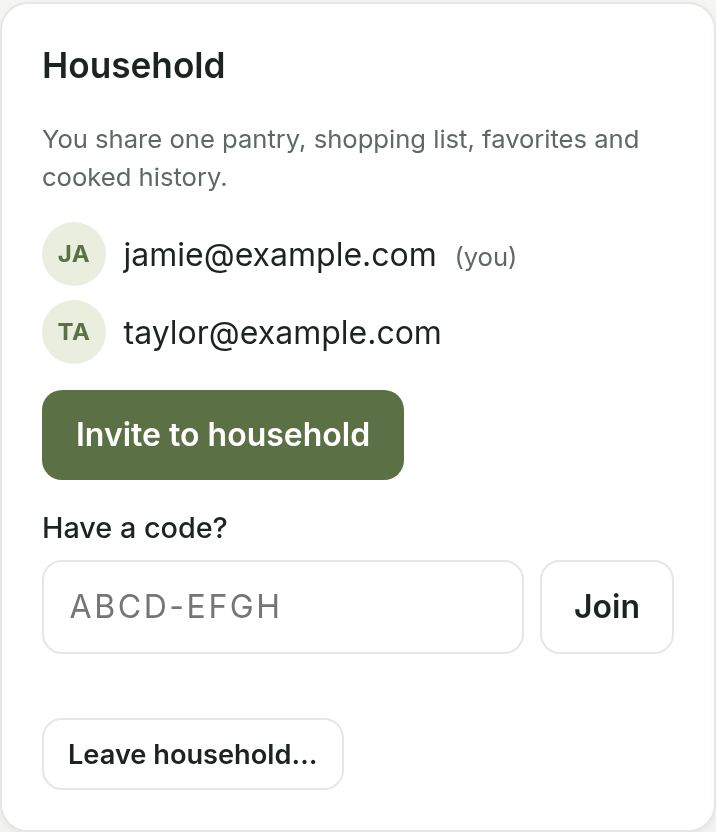 The Household card with two members, an Invite to household button and a box for entering an invite code.