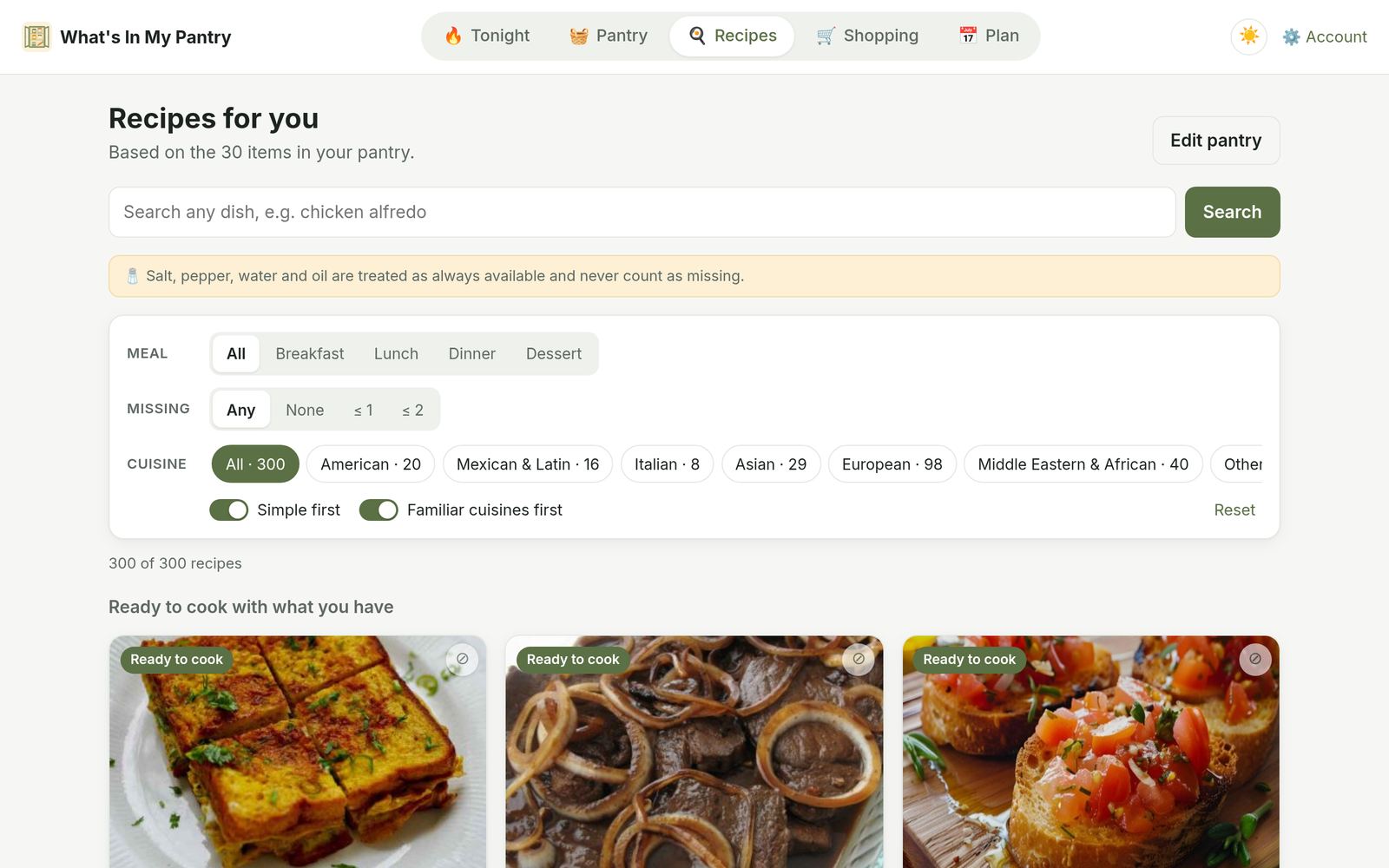 Recipes for you: meal, missing-ingredient and cuisine filters above a section of recipes that are ready to cook with what you have.