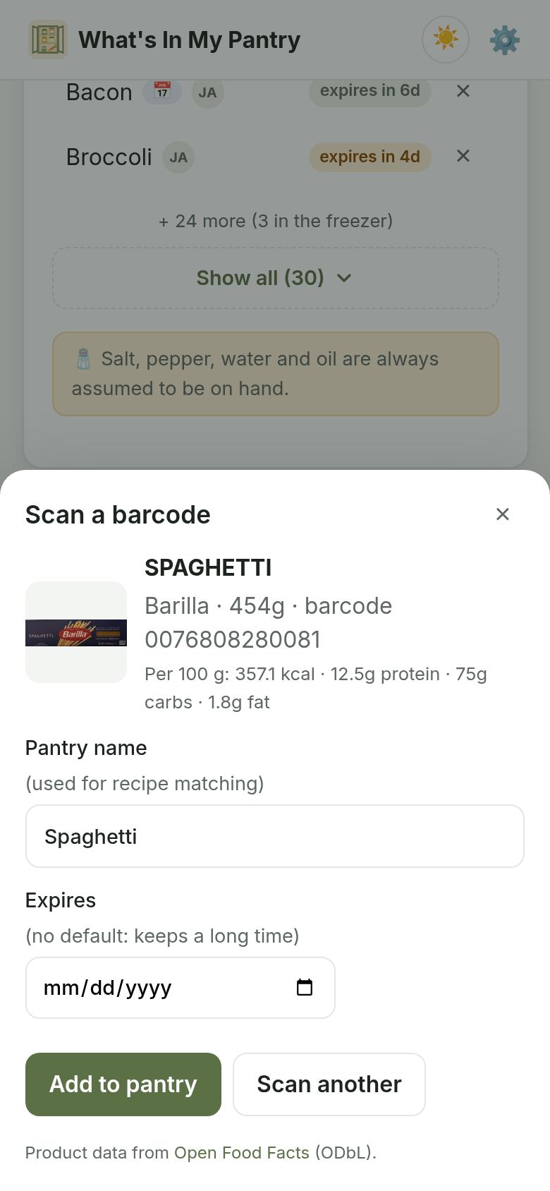 Scan a barcode: Barilla Spaghetti found by its barcode, with nutrition per 100 g and an Add to pantry button.