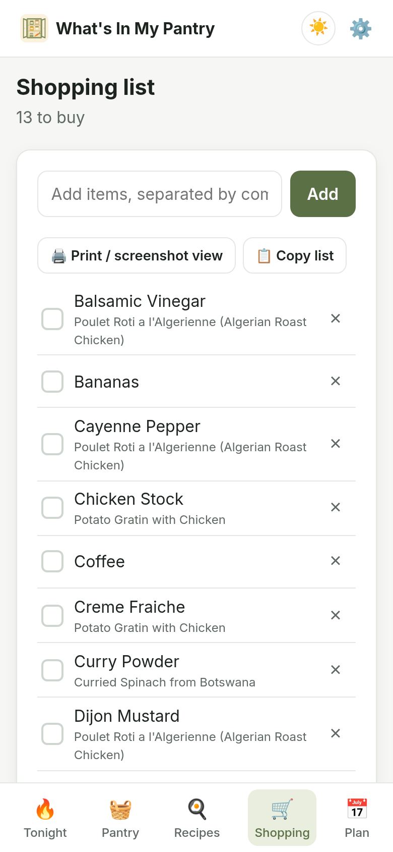 The shopping list: items like Balsamic Vinegar and Chicken Stock, each labeled with the recipe that needs it.