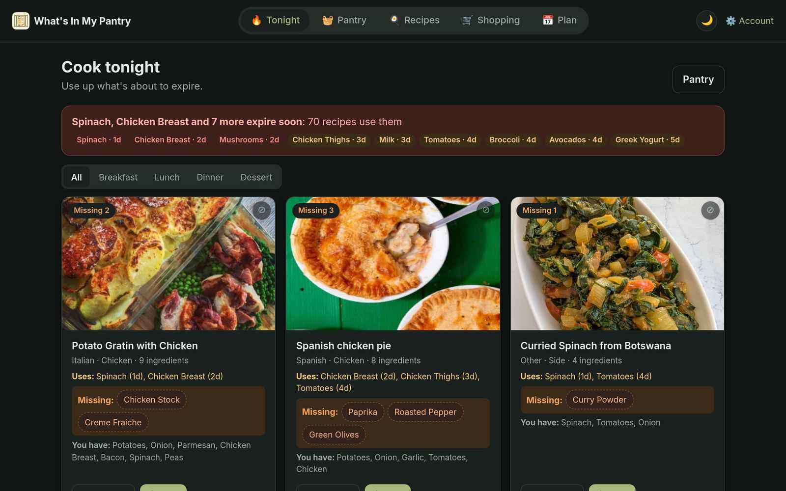 Cook Tonight in dark mode.