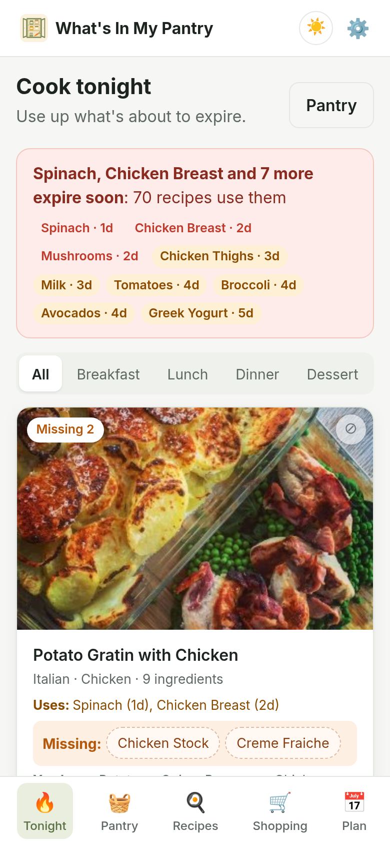 Cook Tonight on a narrow screen: expiring items listed in red and amber, and a recipe card for Potato Gratin with Chicken.