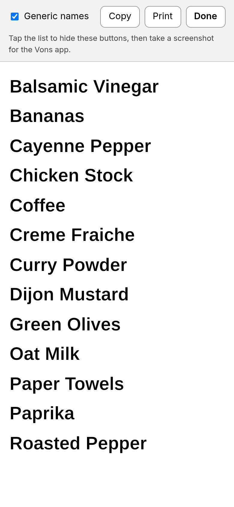 The screenshot view: the shopping list in large black text on white, for taking a screenshot for the Vons app.